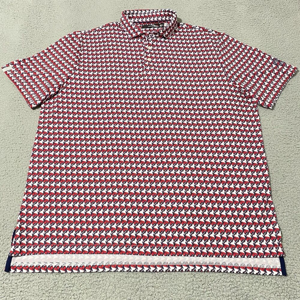 RLX Ralph Lauren Polo Shirt Mens XL Red Blue Sail Boat Print Georgia Club Golf
